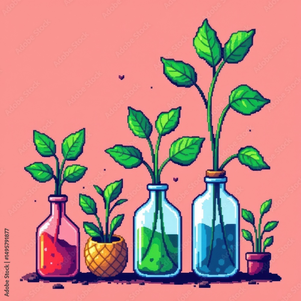 Poster pixel art interpretation with simplified shapes of plants and bottles in retro video game style