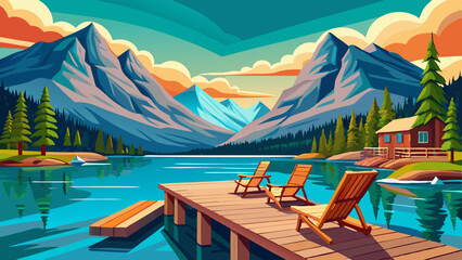Jetty with chairs by Minnewanka Lake Alberta Canada Very beautiful vector illustration