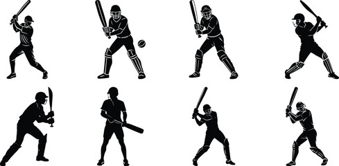Cricket match silhouette set, Cricket Batsman Silhouettes with white background

