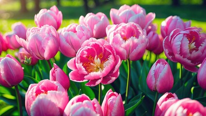 Obraz premium Pink peonies flowering in a park