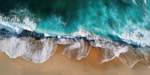 Obraz premium Aerial Drone View of Sandy Beach and Turquoise Ocean Waves