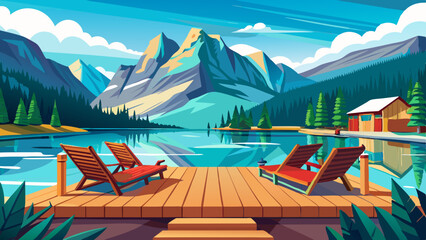 Jetty with chairs by Minnewanka Lake Alberta Canada Very beautiful vector illustration