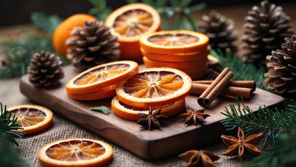 Fototapeta premium Blend of dry oranges, cinnamon sticks, and star anise.