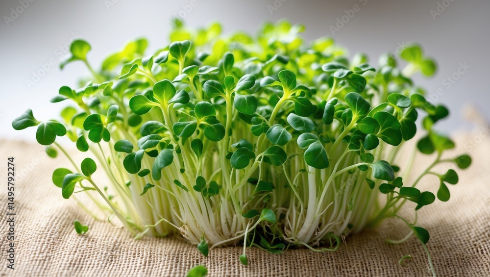 Poster macro shot of broccoli microgreens developing on a fabric mat