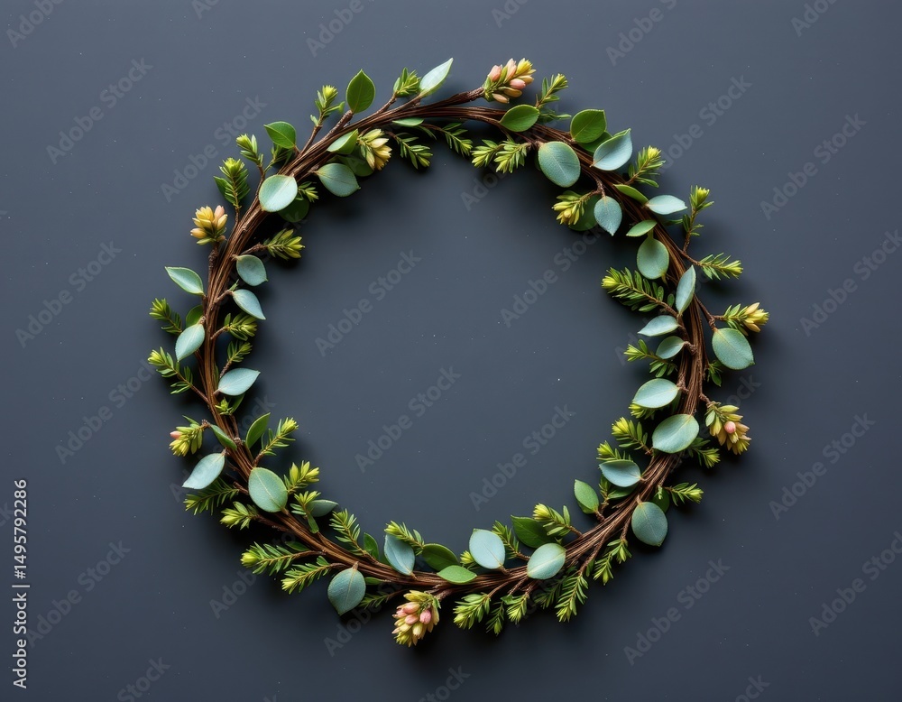 Poster minimalist botanical composition of eucalyptus and thyme sprigs arranged in a circular pattern