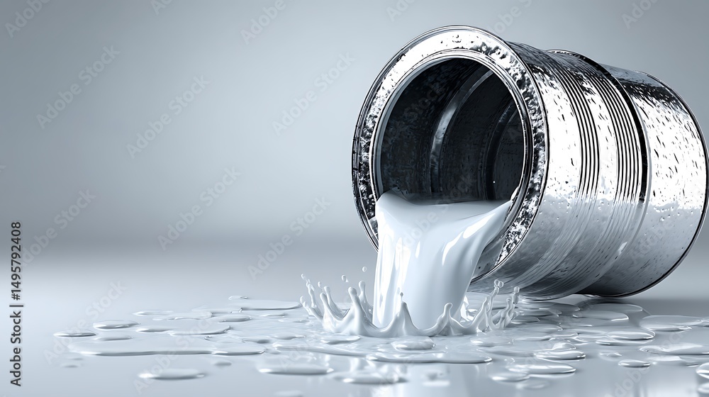 Poster silver container pouring white liquid creates a splashing effect on a light surface, ideal for desig