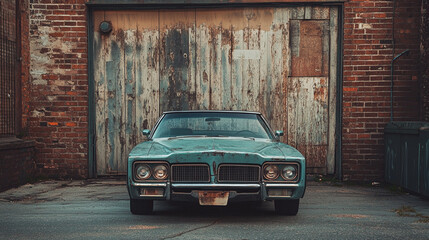 Classic teal car parked in front of old brick garage,