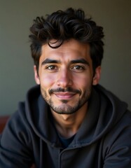 Obraz premium A smiling young man from Pakistan is captured in a relaxed moment, exuding charm with his tousled hair and bright eyes. Natural light enhances his warm expression, inviting connection Generative AI