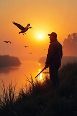 Hunter's silhouette at dawn, geese taking flight over a misty wetland Perfect for hunting, wildlife, nature, and conservation themes , marsh, silhouette, habitat