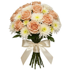 Floral bouquet with peach roses, white chrysanthemums and a tied cream ribbon on a dark backdrop