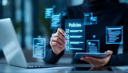 Woman Reviewing Digital Business Policies Checklist on Tablet