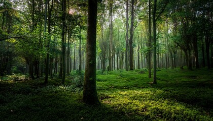 Obraz premium dark forest with green foliage and grass