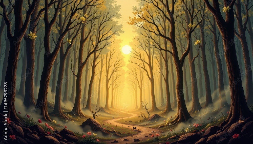 Poster surrealist depiction of a forest where the trees seem to glow and the fog forms strange shapes