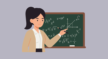 Young woman teaching mathematics in classroom while pointing at board  