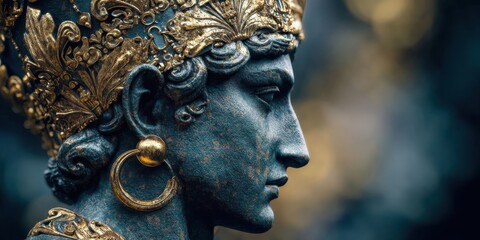 Obraz premium Ancient Arabic Portrait Statue in Profile with Ornate Crown and Gold Decorations