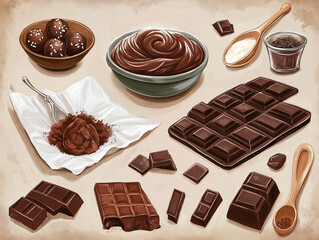 Various chocolate delights, including truffles, melted chocolate, bars, and cocoa powder