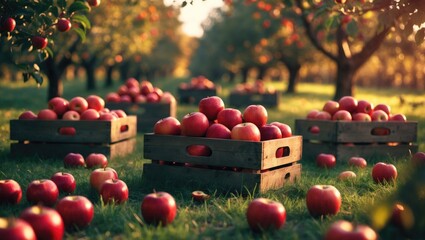 Picture of freshly gathered red apples in a wooden crate on the lawn