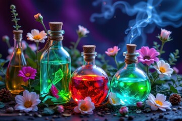 digital art of enchanted potion bottles with luminous colors, placed among mystical flowers and herbs