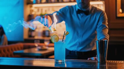 Bartender in elegant uniform skillfully flames a lemon zest over a blue cocktail on a neon-lit bar counter, showcasing mixology craft and vibrant nightlife entertainment
