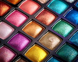 Fototapeta premium An up-close look at a vibrant eyeshadow palette with glittery texture