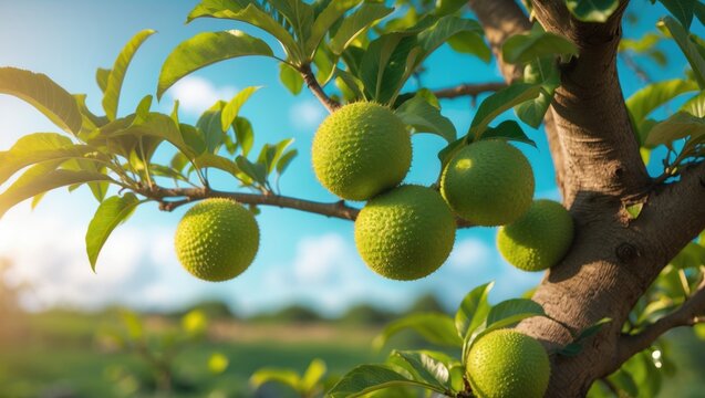 Custard Apple: A Tropical Exotic Fruit Known as Sugar Apple, Annona, or Sweetsop, Growing on a Branch Under a Sunny Sky