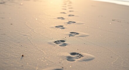 Footprints beach sand ocean sea water coastline shore travel summer vacation holiday golden hour pathway