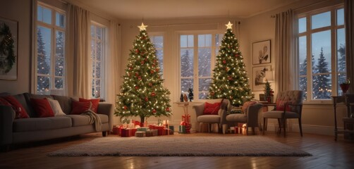 Fototapeta premium Twinkling lights adorn a plush Christmas tree in a warm living room , xmas, classic, Christmas tree