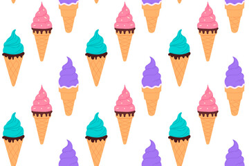 Colorful seamless pattern of assorted ice cream cones in various flavors and colors on white background, perfect for fun dessert-themed design