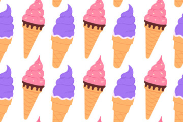 Seamless pattern of pink and purple ice cream cones with swirl tops on white background, great for fun and colorful dessert themes