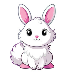 A small, fluffy white rabbit with pink ears sits and appears to be grooming its paws with white background