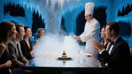 Chef spectacularly presents a dessert using dry ice to delighted guests in a luxurious ice-themed restaurant, creating an unforgettable dining experience and culinary showmanship