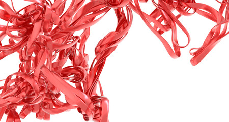 Dynamic red ribbons swirl in an abstract design, perfect for modern backgrounds and artistic projects.