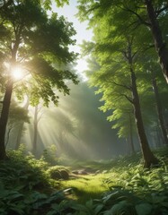 Obraz premium Lush green forest with sunlight dappling through leaves , photography, jungle, growth