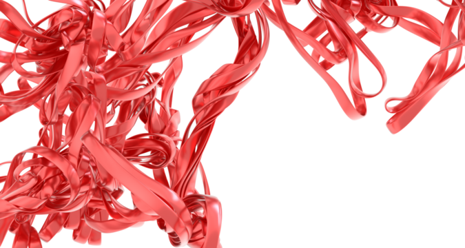 Dynamic red ribbons swirl in an abstract design, perfect for modern backgrounds and artistic projects.