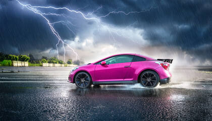 pink sports car driving on a wet city street during a storm with lightning
