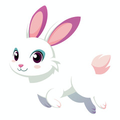 A small, white rabbit with pink ears and dark eyes appears to be hopping or jumping with white background.