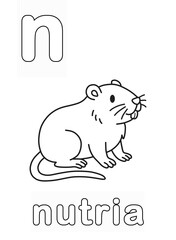 Alphabet Coloring Page for Kids. Children's Coloring Activity sheet. Cute Nutria Illustration to Color.