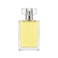 Elegant perfume bottle with clear cap and light yellow liquid on a black background