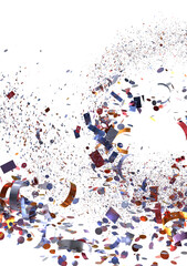 Festive celebration background with vibrant confetti explosion on white. Perfect for party, birthday, or holiday designs.