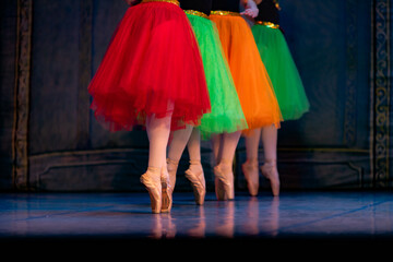 Closeup of ballerina dancing isolated on stage.
