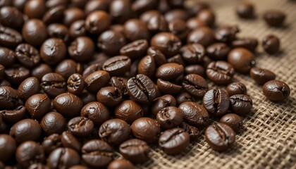Obraz premium Macro shot of roasted coffee beans with visible texture and oils, scattered on burlap, natural warm lighting, ultra detailed, photorealistic