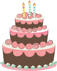 Vector art of a grand birthday cake adorned with burning candles.