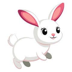 A small, white rabbit with pink ears and dark eyes appears to be hopping or jumping with white background.