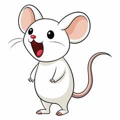 A tiny white mouse with big ears stands on its hind legs with its mouth open, appearing to be singing or squeaking with white background.