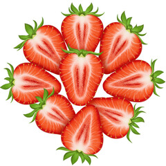 Sliced strawberries arranged neatly in a circular pattern, showcasing red and white flesh, against white
