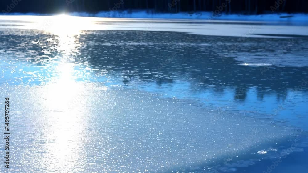 Poster sunlight reflects on a frozen lake surface with glistening ice crystals in a remote natural setting 