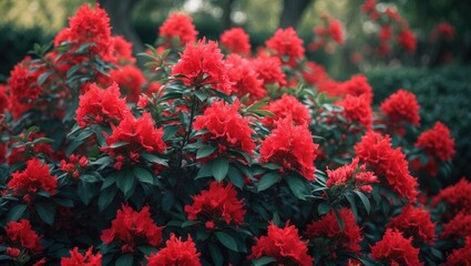 Delicate bush of bright red blooms in a sunny spring garden, gorgeous outdoor floral scene photographed with selective focus