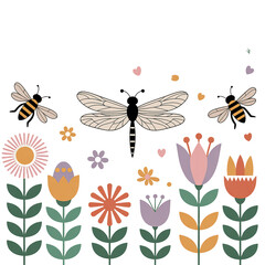 Fototapeta premium Delightful hand drawn illustration featuring bees dragonflies and colorful spring flowers