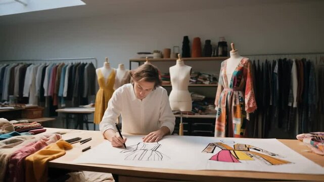Young male fashion designer meticulously colors a vibrant clothing sketch at a large desk in his creative studio, surrounded by mannequins and fabrics, showcasing the design process and artistic passi