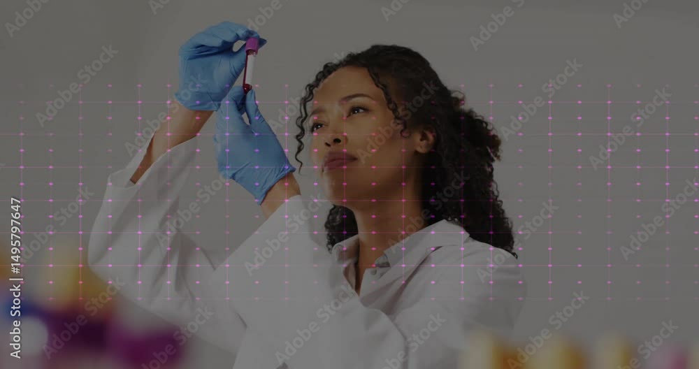 Aufkleber gloved scientist lifting test tube and rotating sample for health test with neon waveform grid